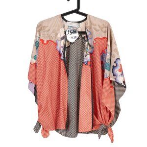 Boho Kimono Wrap VTG Floral Geometric Print 70s Hippie Gypsy Red Cream Festival